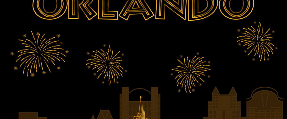 Orlando, Florida. July 22, 2019 Orlando gold lettering on black background. Vector with travel icons and fireworks. Travel Postcard