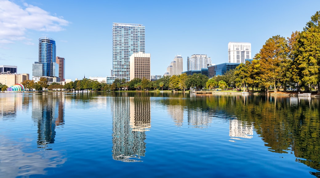Orlando skyline at Lake Eola Park downtown in fall season in Florida in the United States