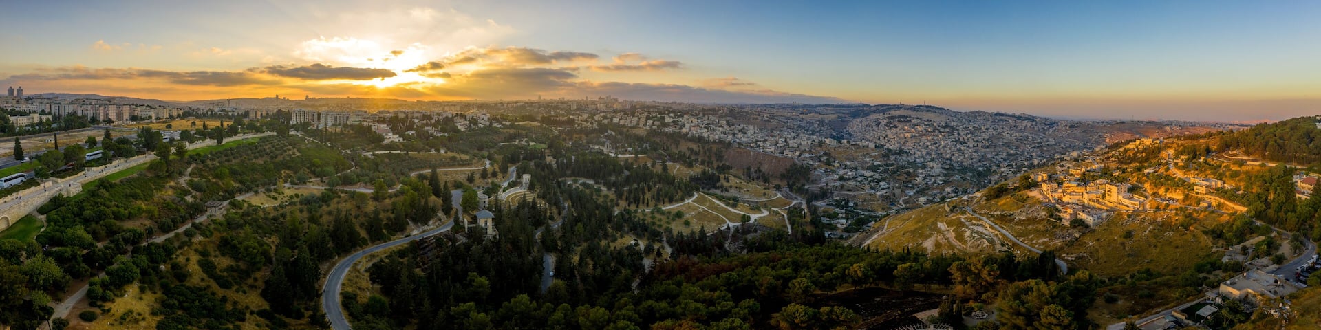 Aerial sunset view of Jerusalem with the old city and the western parts, Silwan, Rehavia, Abu Tor and talpiyot
