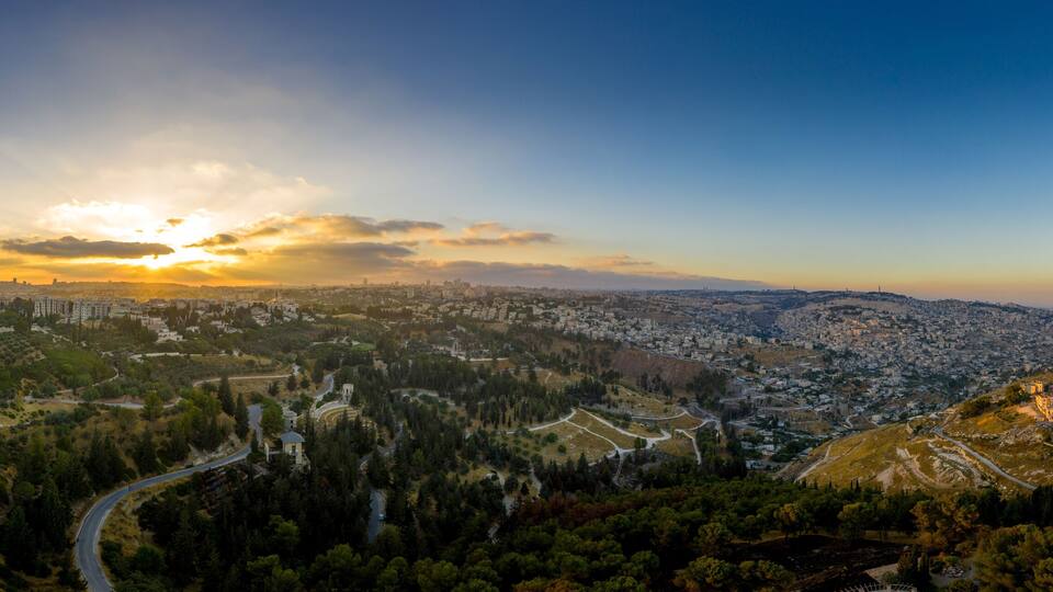 Aerial sunset view of Jerusalem with the old city and the western parts, Silwan, Rehavia, Abu Tor and talpiyot