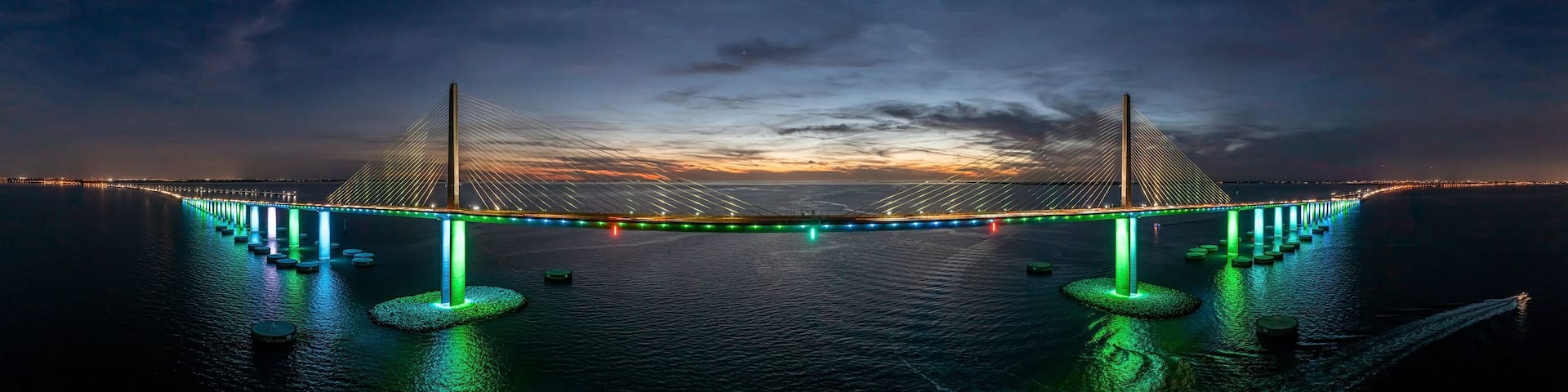 Drone panorama of Sunshine Skyway Bridge over Tampa Bay