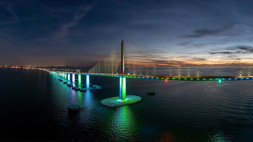 Drone panorama of Sunshine Skyway Bridge over Tampa Bay