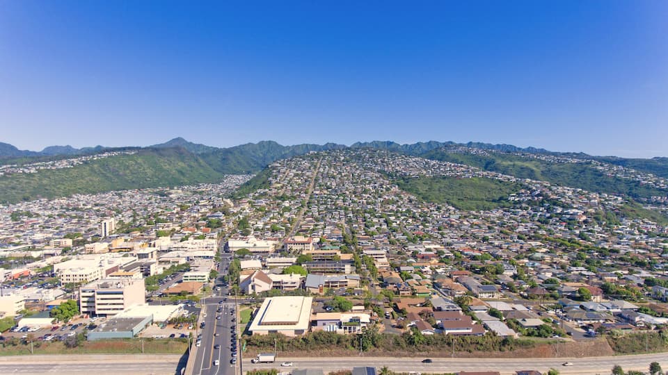 Aerial view of Kaimuki and Palolo areas of Honolulu, Hawaii.