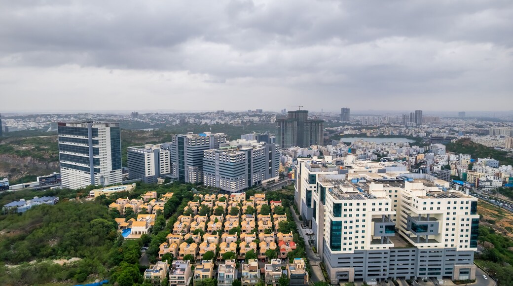 Aerial view of residential villas betwen technology companies in Financial district, Nanakramguda, Hyderabad, India.