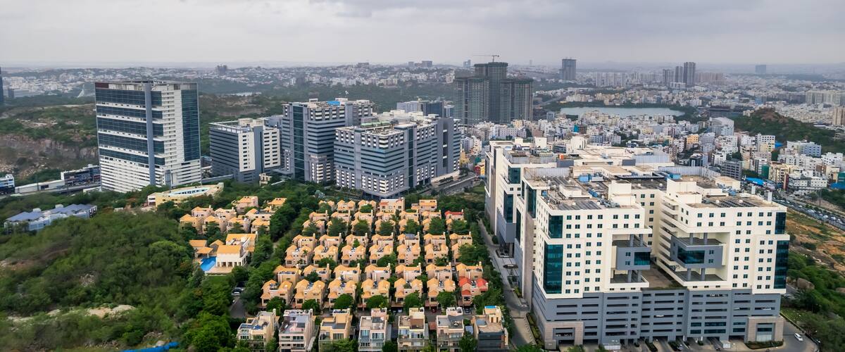 Aerial view of residential villas betwen technology companies in Financial district, Nanakramguda, Hyderabad, India.
