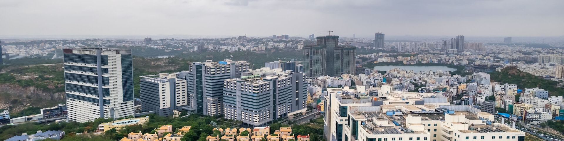 Aerial view of residential villas betwen technology companies in Financial district, Nanakramguda, Hyderabad, India.
