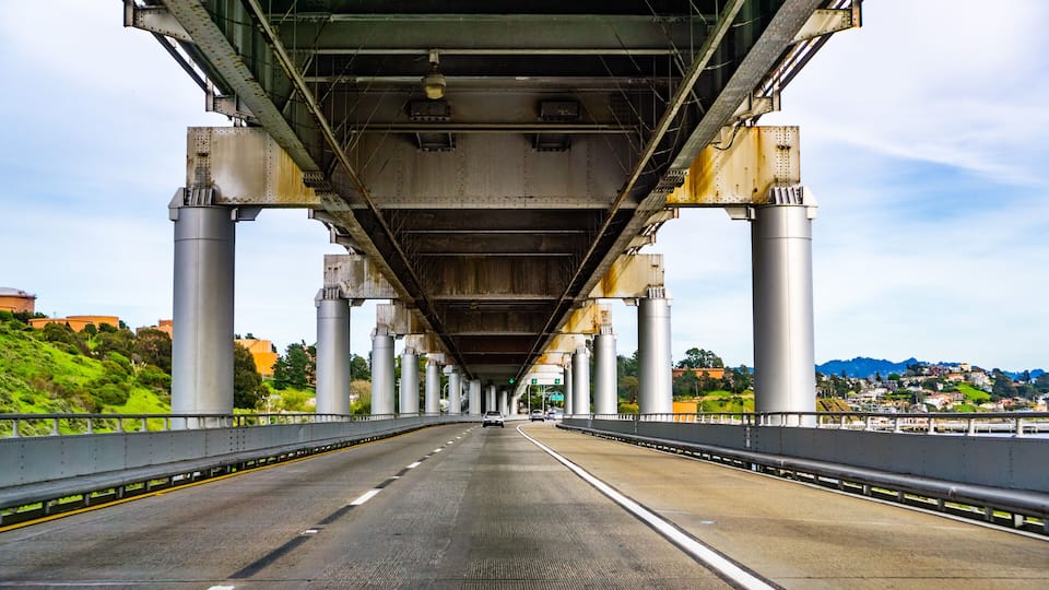 Driving on Richmond - San Rafael bridge (John F. McCarthy Memorial Bridge), San Francisco bay, California