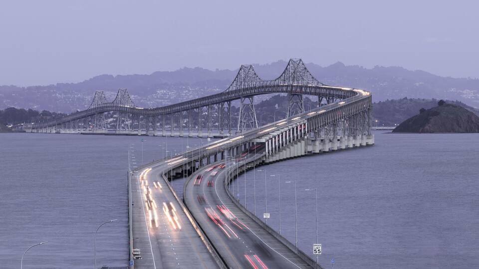 Dusk over the Richmond-San Rafael Bridge in Marin County, California, USA.