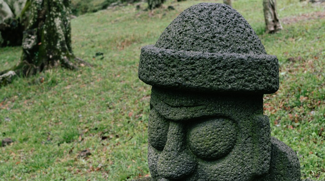 Dol hareubang stone grandpa sculpture at Halla Arboretum in Jeju Island, Korea