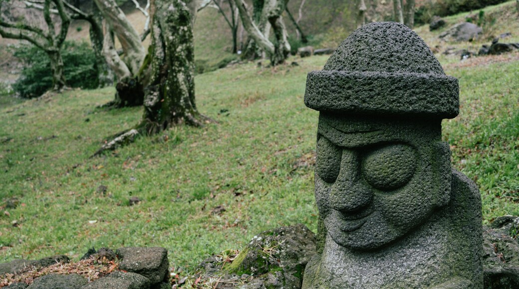 Dol hareubang stone grandpa sculpture at Halla Arboretum in Jeju Island, Korea