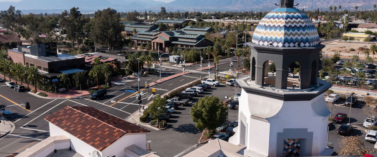 Daytime aerial view of downtown Redlands, California, USA.