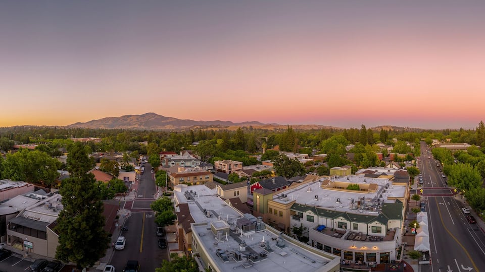 Aerial sunset view of downtown Danville in California