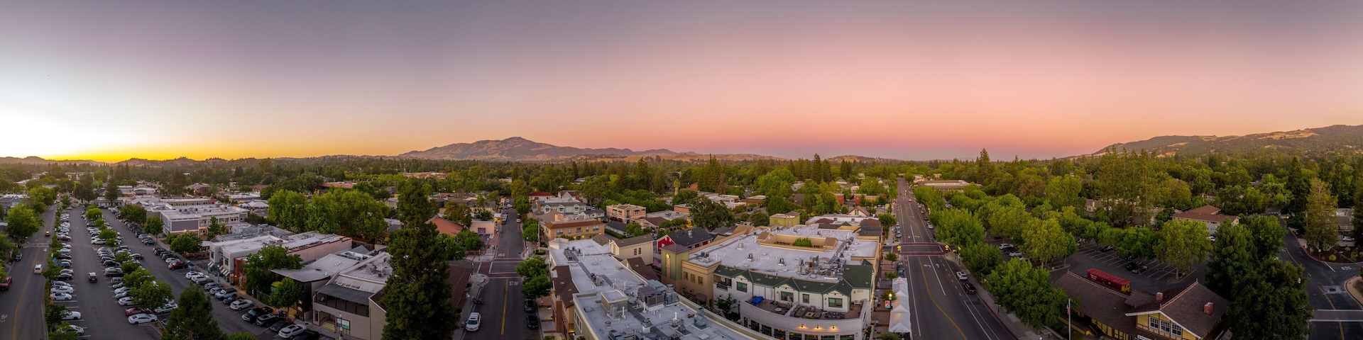 Aerial sunset view of downtown Danville in California
