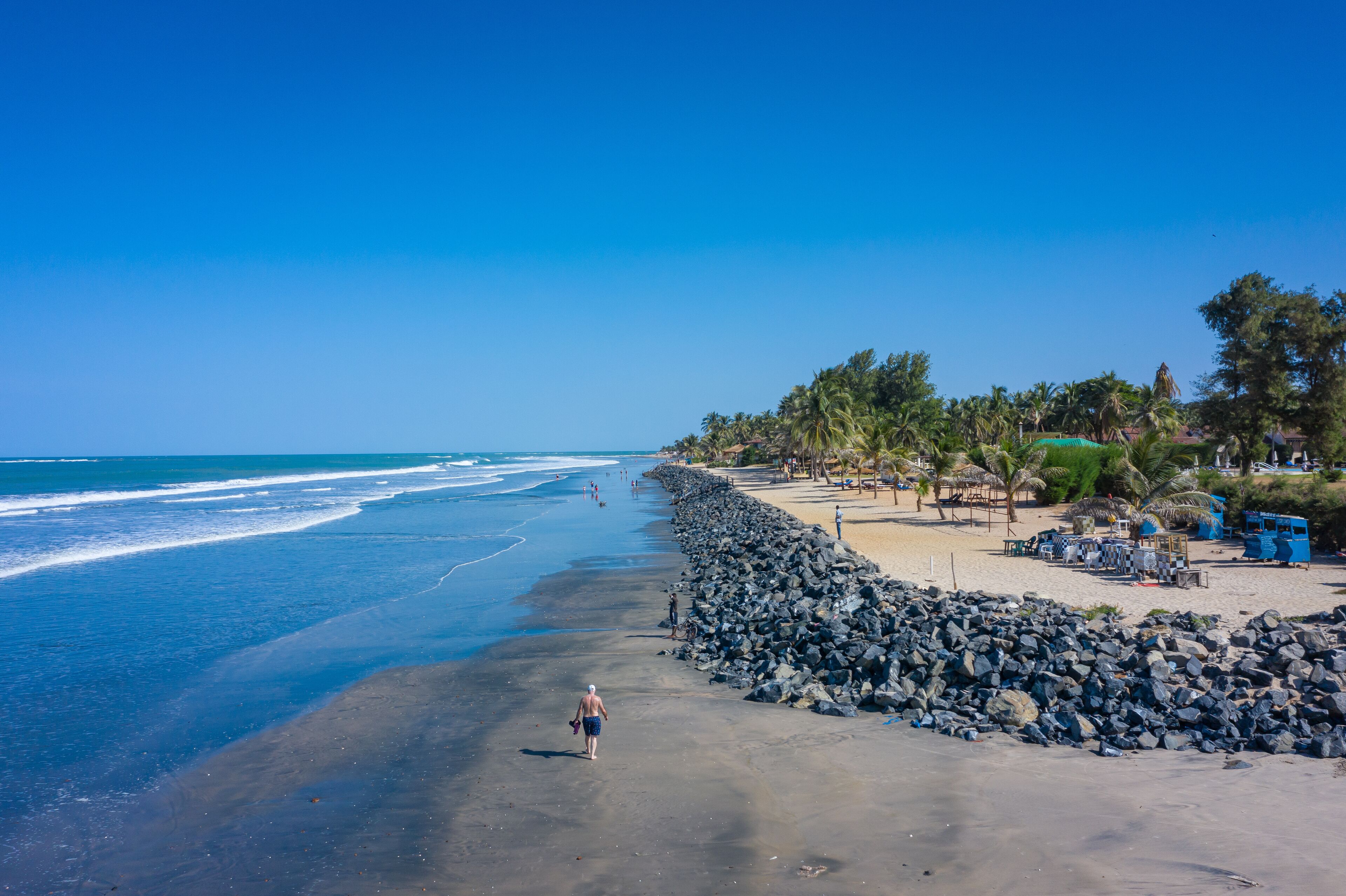 Aerial view of Idyllic beach near the Senegambia hotel strip in the Gambia, West Africa.