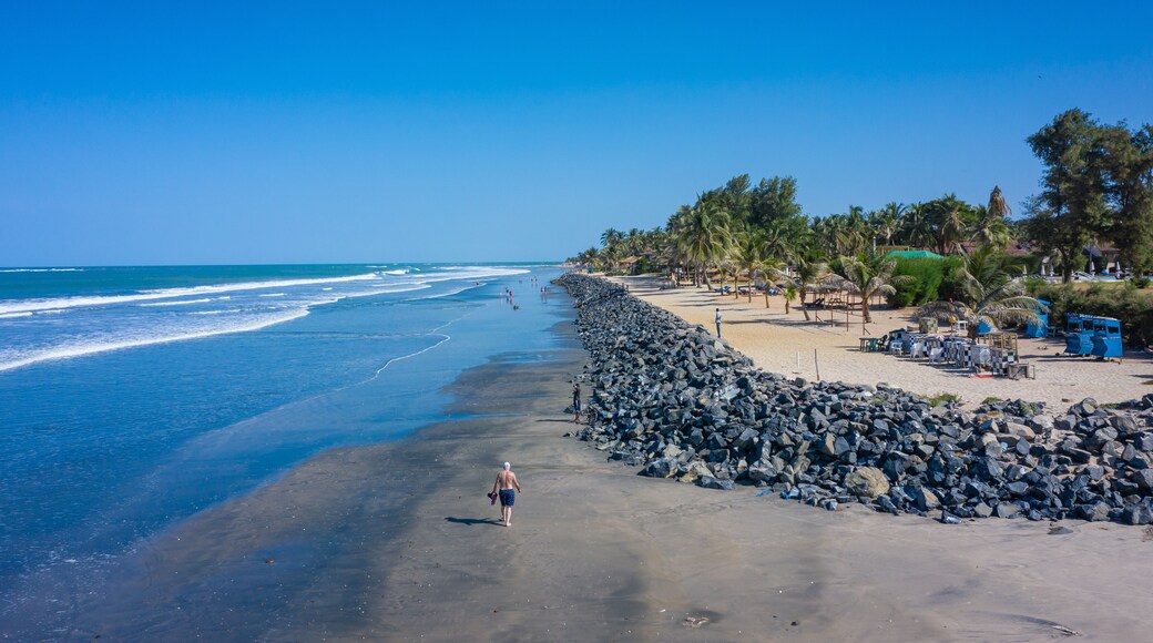 Aerial view of Idyllic beach near the Senegambia hotel strip in the Gambia, West Africa.
