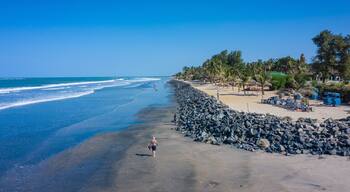 Aerial view of Idyllic beach near the Senegambia hotel strip in the Gambia, West Africa.