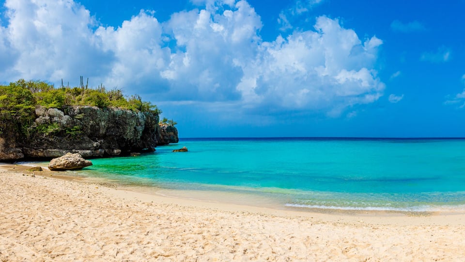 Tropical Caribbean island panorama of Daaibooi Beach in Curacao