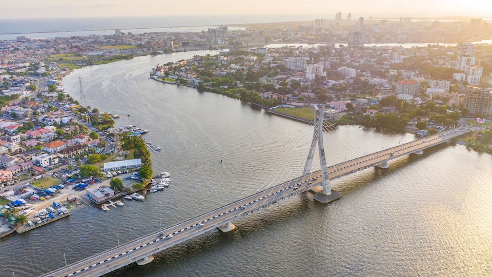 Aerial view of Lagos Lekki Ikoyi link bridge showing parts of Lekki, Ikoyi and Banana Island, Nigeria.