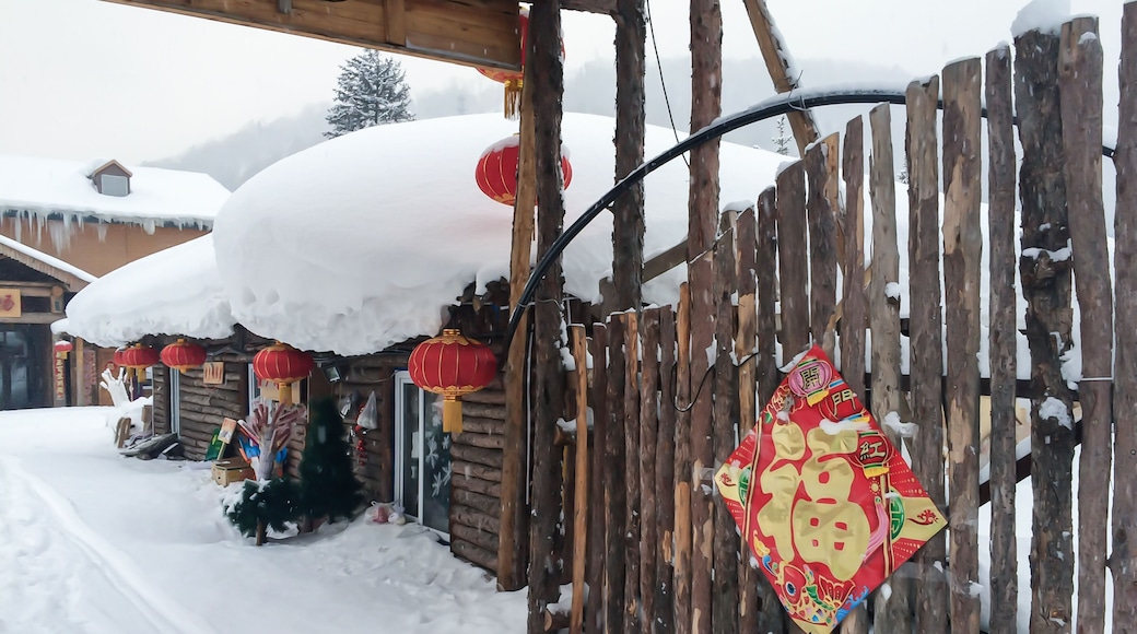 Chinese villages covered in heavy snow, red brick houses, pine trees, wooden fences, wooden houses