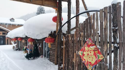 Chinese villages covered in heavy snow, red brick houses, pine trees, wooden fences, wooden houses