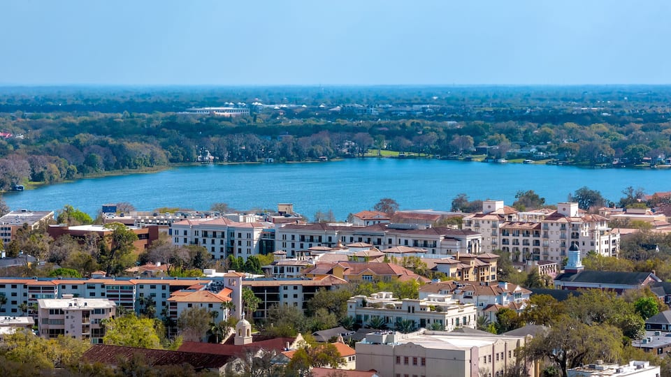 Aerial panoramic view of Winter Park, Florida. USA. Rollins College and Lake Virginia