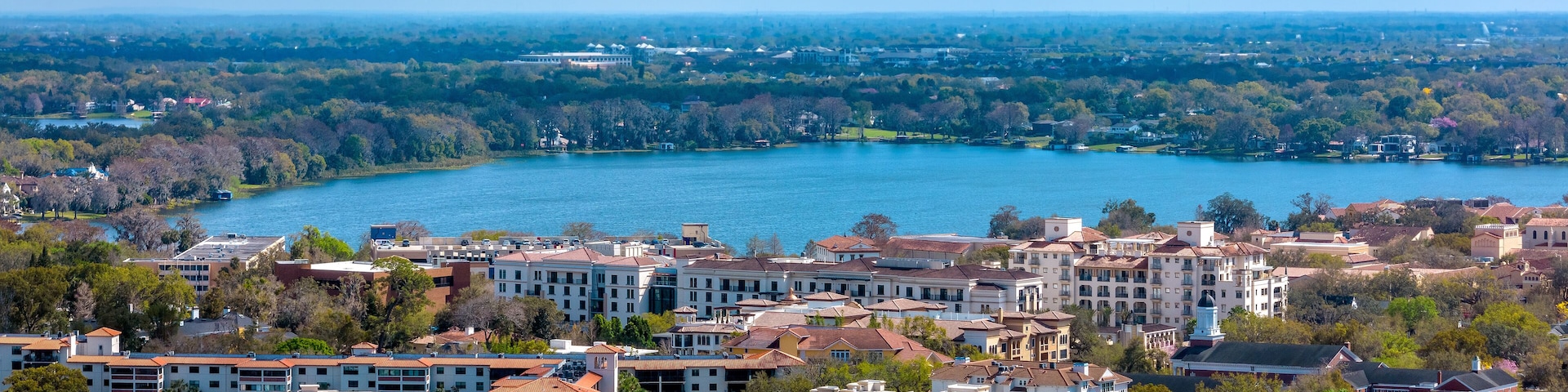 Aerial panoramic view of Winter Park, Florida. USA. Rollins College and Lake Virginia