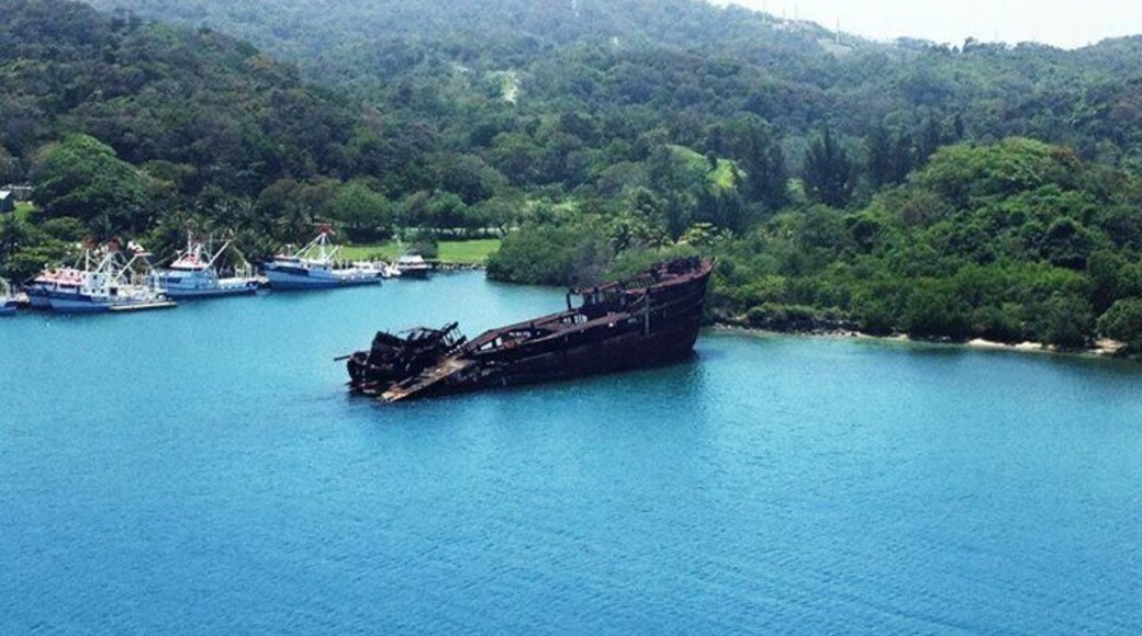 Pulling into port, we saw this huge ship wrecked against the beautiful natural backdrop of Roatan.