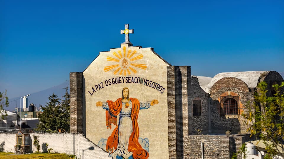 La Paz Jesus Christ Mosaic Facade Outside Catholic Church Puebla Mexico