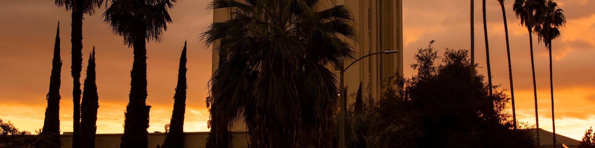 Sunset illuminates the historic art deco skyline of Van Nuys, California, USA.