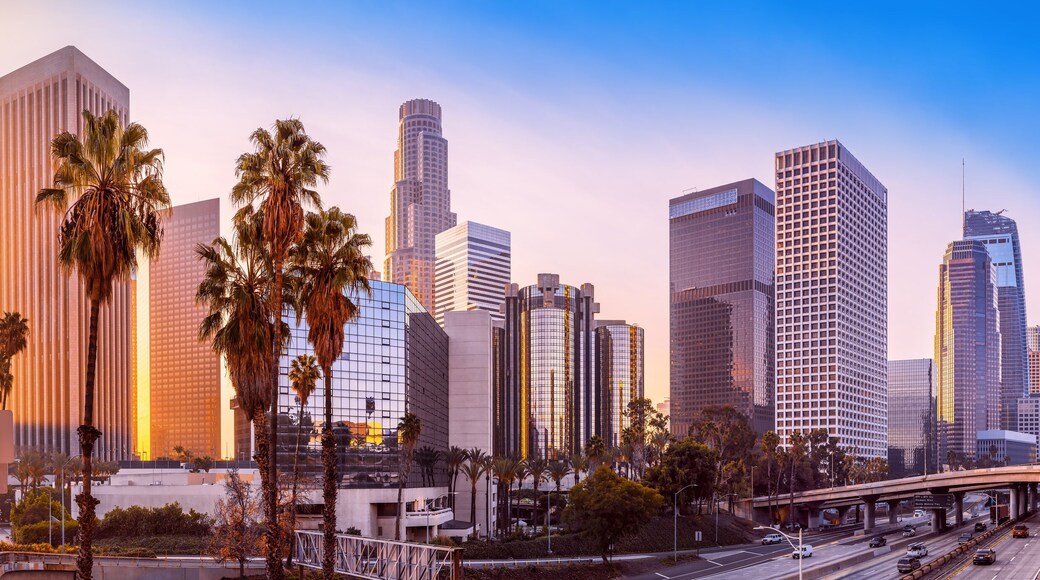 the skyline of los angeles during sunrise