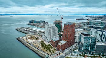Aerial Mission Bay with Mission Rock and view of tankers in San Francisco Bay