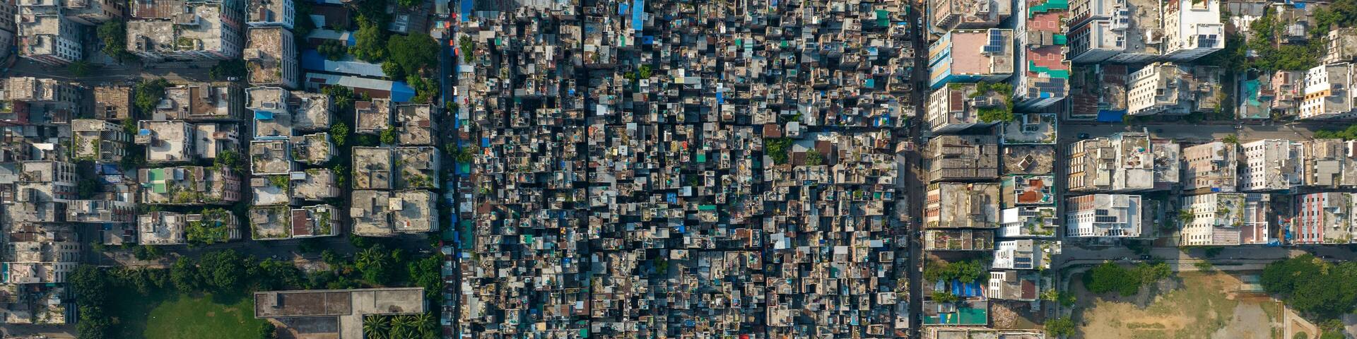 Aerial view of densely populated Mohammadpur Geneva refugee camp, known as Bihari Camp in Dhaka, Bangladesh.
