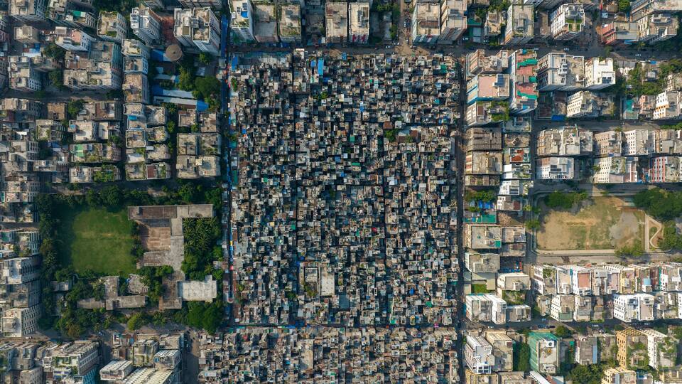 Aerial view of densely populated Mohammadpur Geneva refugee camp, known as Bihari Camp in Dhaka, Bangladesh.