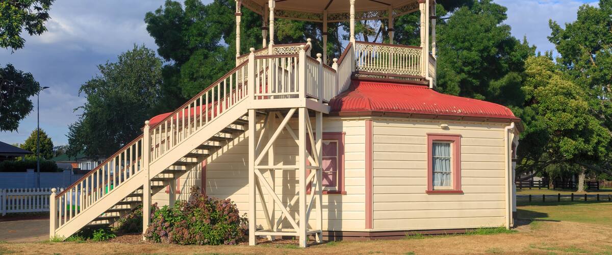 An old 1910 band rotunda in Leamington Domain, Cambridge, New Zealand. Its two-storey, octagonal structure is unique in the country