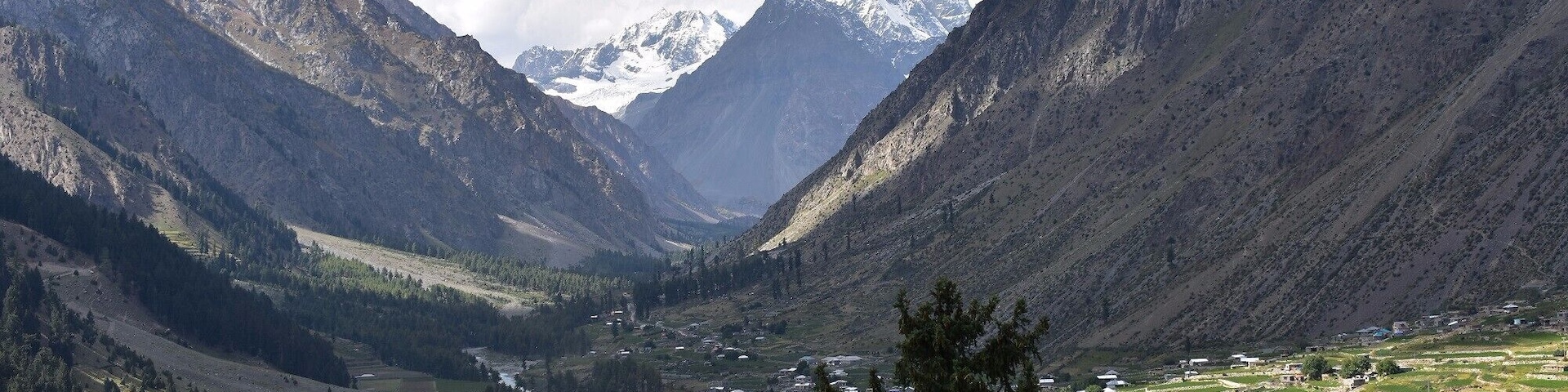A mountainous valley with a small settlement nestled among the hills.