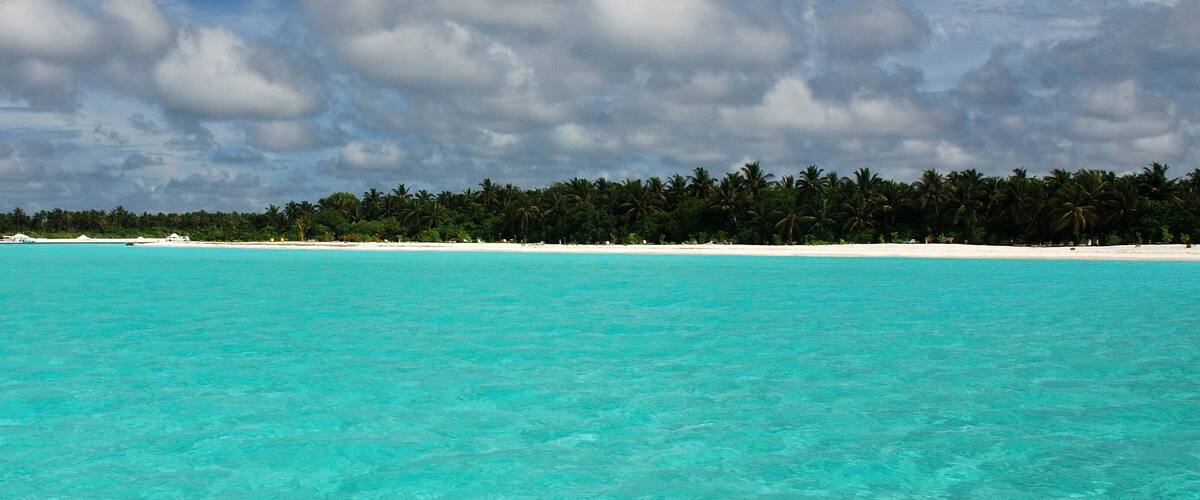 Turquoise waters, a sandy beach, and a line of palm trees under a cloudy sky.