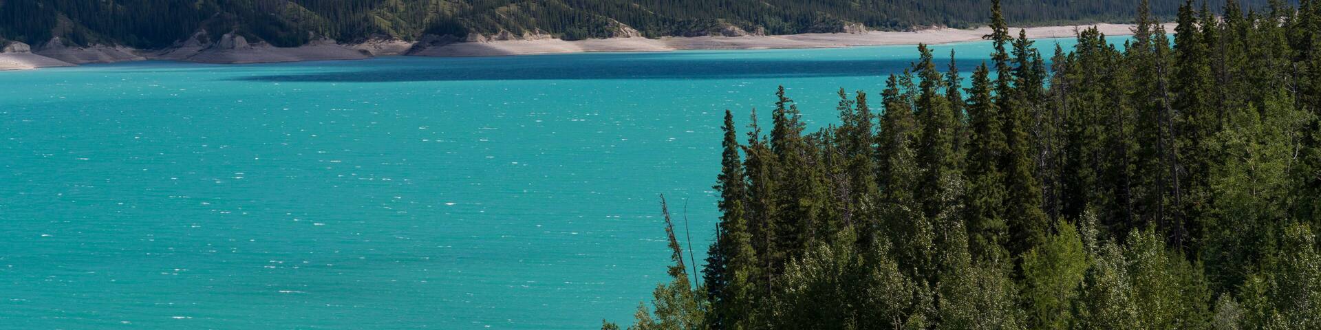 A turquoise lake, dense forest, and a mountain range.