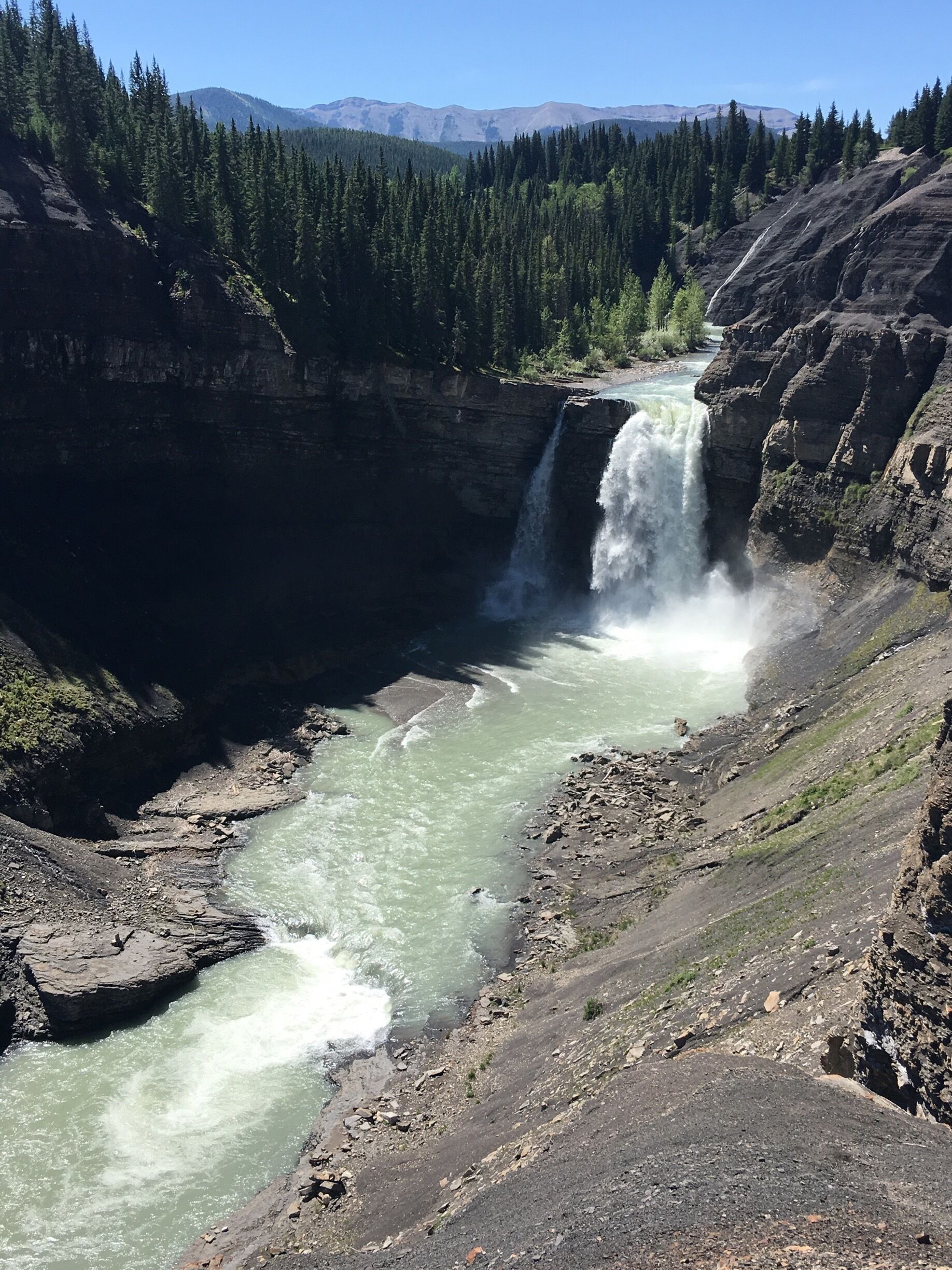 Lovely falls at Ram Falls Provincial Park in Alberta along the Grand Trunk Road. We took a gravel road for Nordegg. There are several flights of stairs to get down to the nearest viewpoint. 