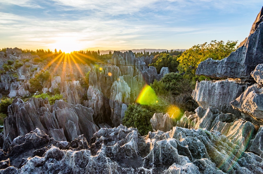 Beautiful sunset in Stone Forest in Shilin, Kunming, Yunnan province, China