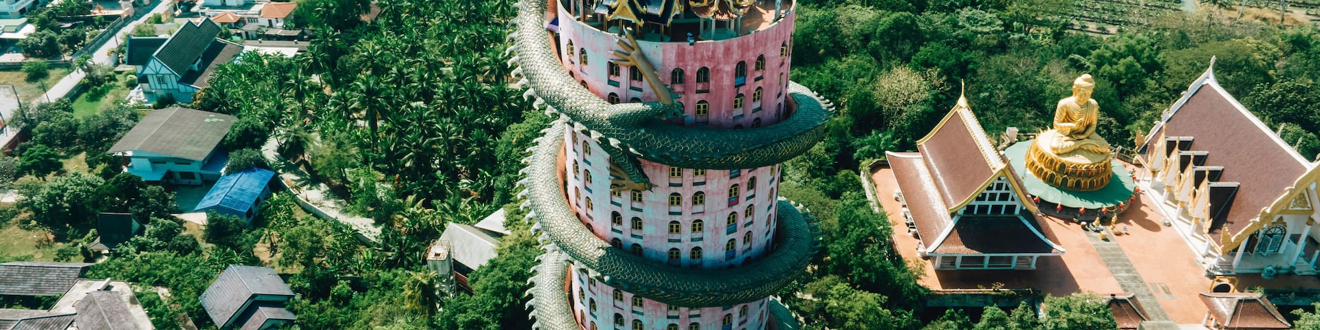 Aerial view of Wat Samphran Dragon Temple in the Sam Phran District in Nakhon Pathom