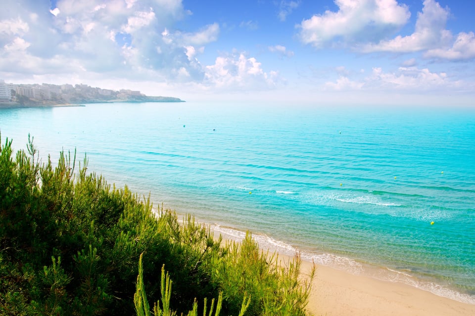 Mar turquesa, platja de sorra i vegetació verda.
