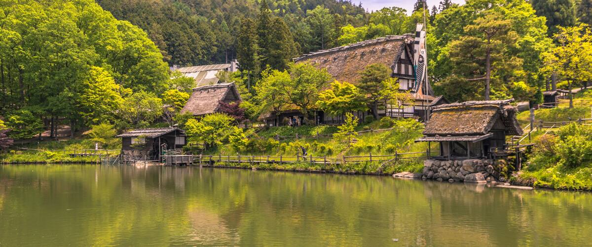 Takayama - May 26, 2019: Traditional buildings in the Hida folk village open air museum of Takayama, Japan