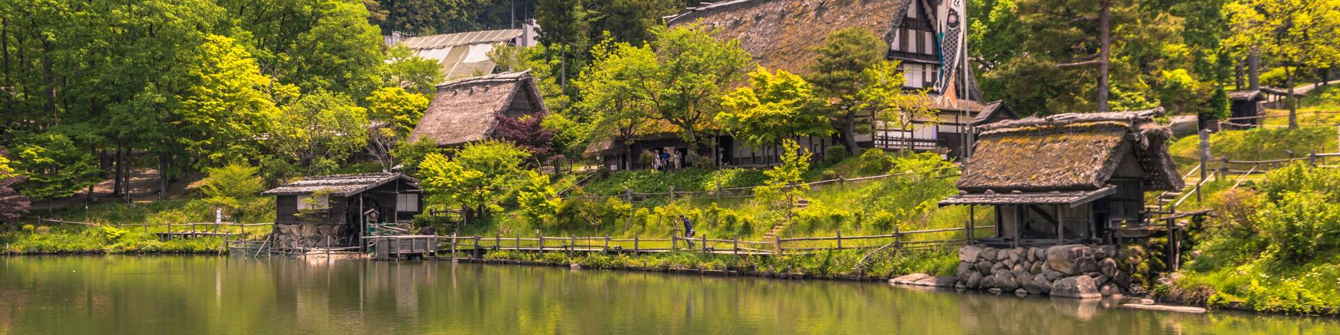 Takayama - May 26, 2019: Traditional buildings in the Hida folk village open air museum of Takayama, Japan