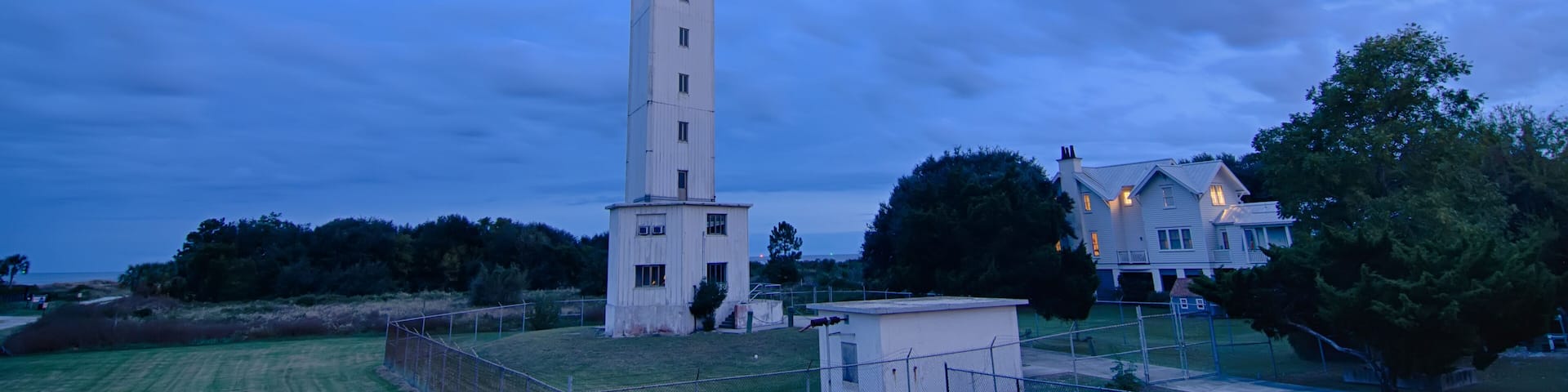Charleston lighthouse at night located on Sullivan's Island in