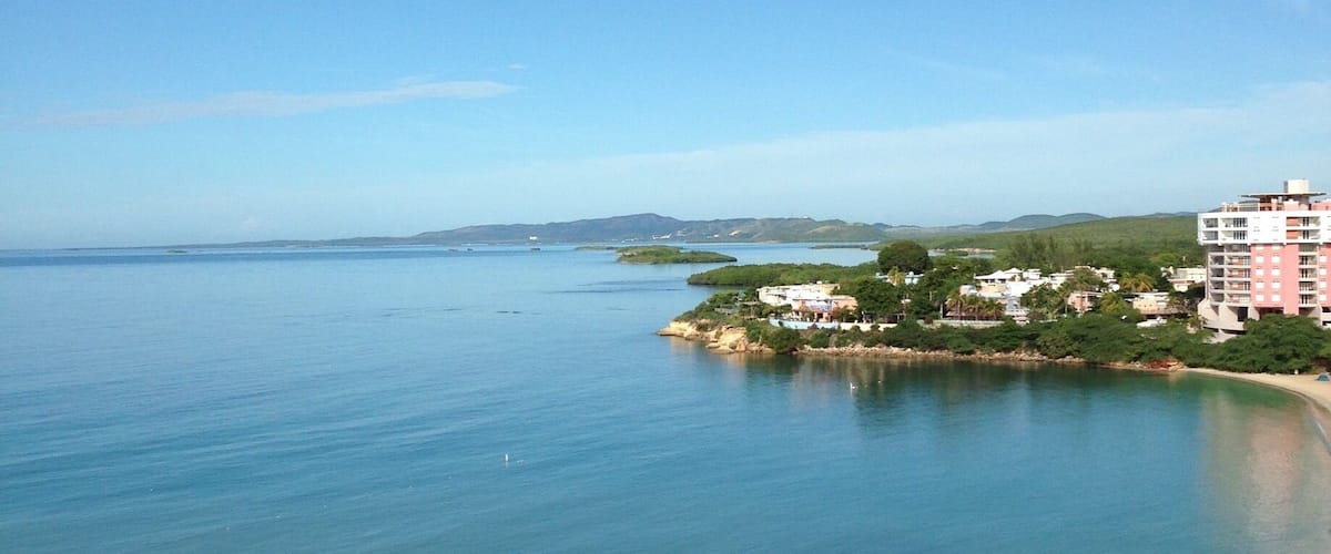 A coastal view with a clear blue sky, calm sea, and a beachfront with buildings and palm trees.