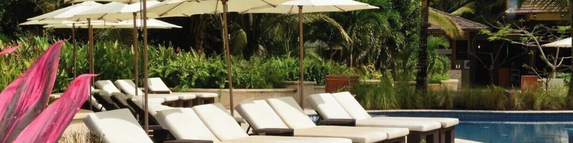 The pool at the The St. Regis Bahia Beach Resort, Puerto Rico has several small pools connected by low tiled cascading waterfalls. As with the whole property it is luxuriously lush and tropical.