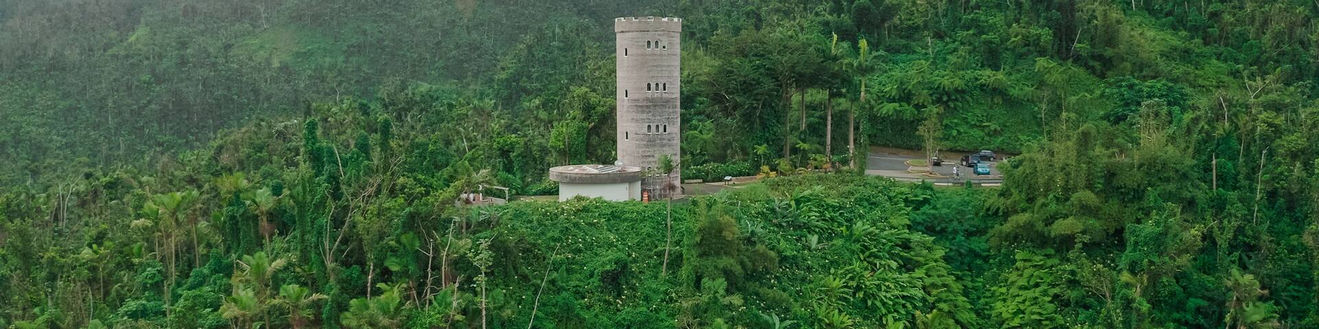 A tower amidst lush greenery and fog-covered hills.