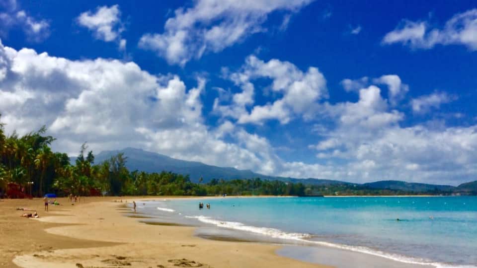 Une plage avec une eau turquoise cristalline, des palmiers et des montagnes en arrière-plan.