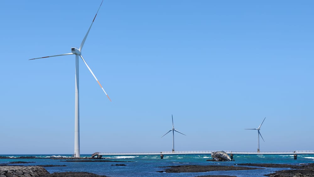 Eine Küstenlandschaft mit drei Windkraftanlagen und einer Brücke über dem Wasser.