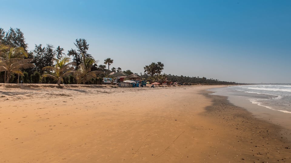 A sandy beach with palm trees and beach huts along the shore.